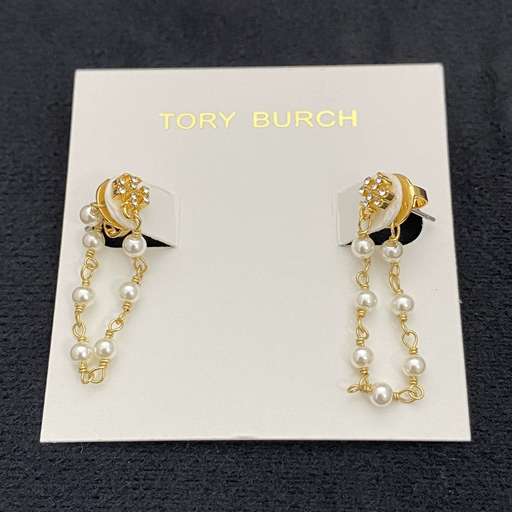 Tory Burch Diamond Letter Pearl Chain Earrings Metal